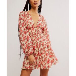 FREE PEOPLE Dress NWT Keep You Mini Fit & Flare Classic Combo Red Cream Size XS